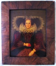 tableau ancien - Portrait de femme noble au livre - Style élisabéthain