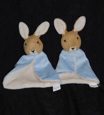 🍀Doudou Plat Lapin  PICOT 2 Cape Bleu Blanc Crème Tête Beige Brodé Noir Lot 2