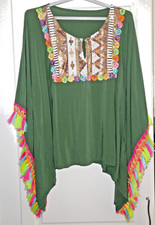 Top Esprit Poncho caftan vert plastron sequins franges pompons fluo neon 38 40