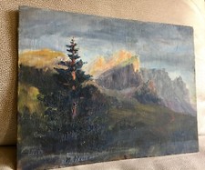 ANCIEN TABLEAU HUILE SUR PANNEAU MONTAGNE  SIGNÉ