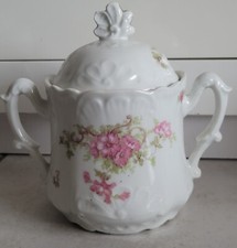 Ancien Pot A Sucre Ou Biscuit De Service En Porcelaine Avec Fleur Rose Vintage