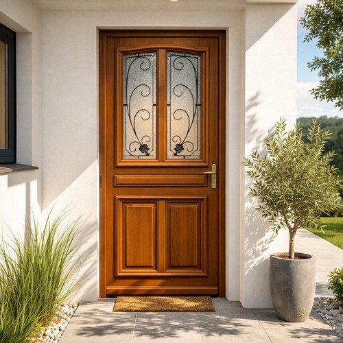 Porte entrée bois vitrée - bois,