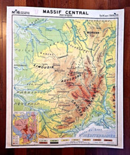 AFFICHE SCOLAIRE CARTE HACHETTE N°16 TYPE VIDAL LABLACHE FRANCE MASSIF CENTRAL