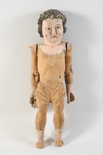 Poupée baroque ancienne en bois sculpté à la main, articulée, XVIIIe siècle.