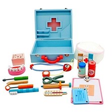Enfants Valise avec Accessoires en Bois Trousse D'Urgence, Doktorset Jouet Bleu