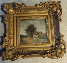 Tableau De Campagne  dans le goût de Barbizon Fin 19ème cadre bois sculpté huile