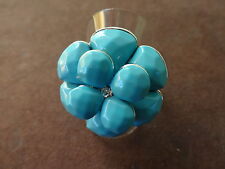 CAMILLE LUCIE BAGUE PLAQUE ARGENT RHODIE FLEUR CAMELIA BLEU TURQUOISE FEMME T 60