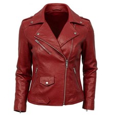 Veste de moto en cuir véritable rouge pour femme veste de style vintage...