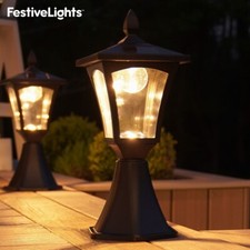 Solaire Blanc Chaud LED Lanterne Post Base Monter Noir Extérieur Jardin Pont Feu