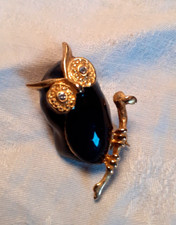 Broche vintage oiseau hibou émaux  noir strass