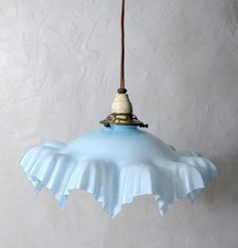 ancienne lampe suspension verre opaline lustre abat jour vintage bleu