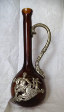 Ancienne carafe pichet Bonastre , verre ambré , étain scène Bacchus , bacchantes