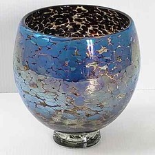 VASE VINTAGE 1980 EN VERRE MARBRURE BLEUE & MARRON DE MICHELE LUZORO 80S RETRO