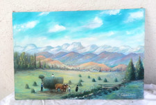 Peiture sur toile attelage vaches charrette foin paysans montagne R. Courade