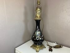 Lampe à Pétrole Emaillée en Verre Bleu a Décor d'Oiseau Art Déco 47 cm