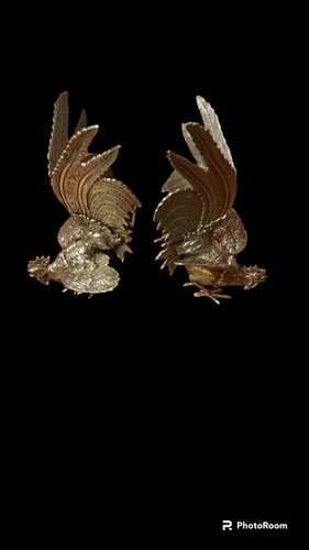 Deux coqs bronze argenté - deux, en