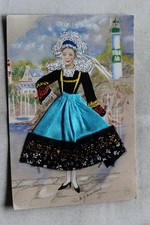 Carte postale brodée folklore, illustrateur MC. Marchaux, tissu, fantaisie