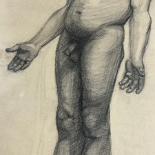 HOMME NU DESSIN SIGNÉ D'ATELIER ORIGINAL  DEBOUT MAINS OUVERTES BERMYN