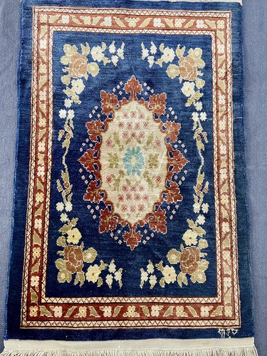 Persian ghoum blue silk rug - ghoum,