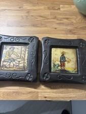 Lot De 2 Ancien cadre en bois sculpté avec carreaux en céramique Peint À La Main