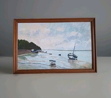 Peinture Ancienne Huile Paysage Marin Bord De Mer Bateau Tableau Encadré Signé