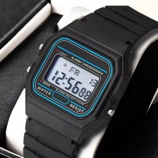 Montre Mixte Quartz Digital LCD Chronomètre Bracelet Résine Noir Sport