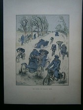 Gravure 1900 couleur locomotion : Vélocipéde tacot voiture tricycle  A Robida