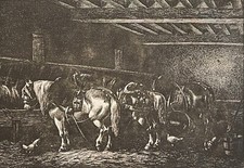 Écurie d’auberge d'après Bernard Sarazin gravure c 1850 cheval chevaux France