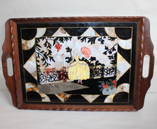 Ancien plateau Art Déco fixé sous verre scène galante, papillon, éventail