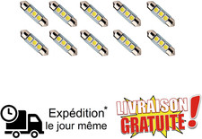 10 AMPOULE NAVETTE LAMPE A LED 3 SMD C5W FEU XENON 36MM BLANCHE