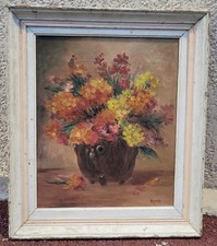 Tableau signé.  Composition de Fleurs. Peinture huile sur toile.