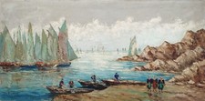 ROBERT GIOVANI GRANDE PEINTURE ORIGINALE HST MARINE RETOUR DE PÊCHE BRETAGNE 