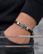 Bracelet Homme Cuir Noir Croix