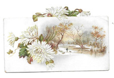 Chromo découpis ancien  gaufré paysage d'hiver aux fleurs   H. 7 cms