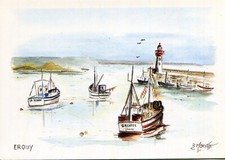 Carte ERQUY Illustré Aquarelle de Bernard Morvan Bateaux de pêche Phare