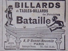 PUBLICITÉ DE PRESSE 1920 BILLARD ET TABLES-BILLARDS DE PRÉCISION BATAILLE