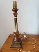 Magnifique pied de lampe colonne ancien en bois sculpté doré polychrome 12x45 cm