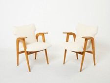 Paire de fauteuils compas Roger Landault chêne laine bouclette 1950