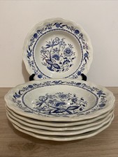 6 assiettes Lunéville, décor floral bleu, oignons bleus, faïence française.