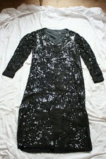 Robe VINTAGE noire soie paillettes et perles UK 10 12 spectaculaire et lourde !