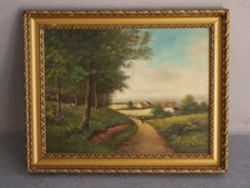 Huile sur toile représentant un paysage naïf daté 1940