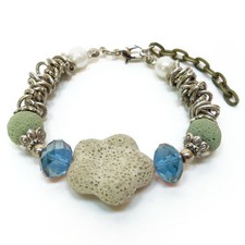 BRACELET femme réglable chainette perles FLEUR pierre de lave VERT BLEU argenté
