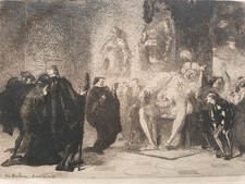 Gravure orig XIX ème sign Emile Boilvin Gargantua Rabelais Janotus Cloches 1868