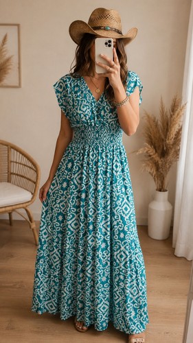 Robe longue imprimée verte - , et
