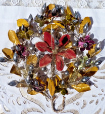 ANCIEN BOUQUET de FLEURS en TISSU, VERRE et ALU style "Flores de Talco" fin XIXe