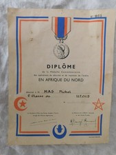 DIPLOME MEDAILLE COMMEMORATIVE AFRIQUE DU NORD UNITES TERRITORIALES 1959