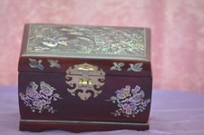 ANCIEN COFFRE A BIJOUX MARQUETERIE STYLE CHINOIS DECOR OISEAU AVEC MIROIR  