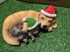 Christmas Figurine - Sleeping Puppy and Kitten in Santa Hats