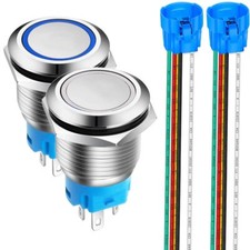 2pcs 19mm Bouton Poussoir Momentané en Acier Inoxydable Anneau de lumière LED...