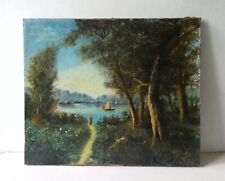 tableau, huile sur toile, paysage romantique, bateaux, personnages, XIXème